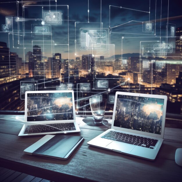 Hightech desk surrounded by screens and gadgets with the city skyline visible in the background Generative AI