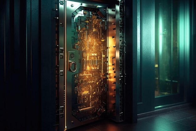 Hightech digital lock on a virtual door created with generative ai