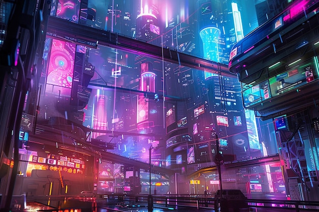 The hightech district of a cyberpunk city with adv generative ai