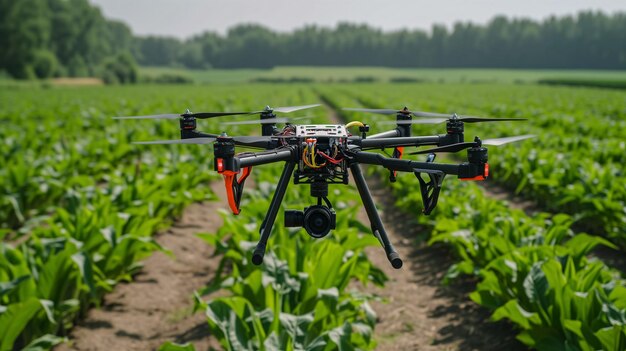 Photo a hightech drone equipped with sensors flying over a farm field