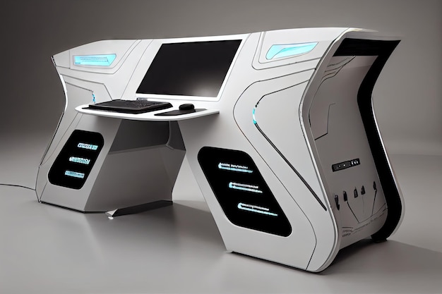 Hightech en strak gaming bureau met touchscreen bedieningspanelen en futuristisch design