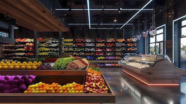 a hightech food market with robotic vendors and neoninfused produce displays showcasing farmfresh foods style