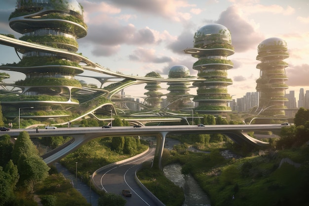 Hightech green city of the future with flying cars and selfdriving vehicles on roadways