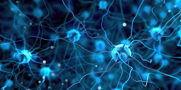 hightech image representing a neural network with blue neural links connecting around nodes simulating brain activity and functions
