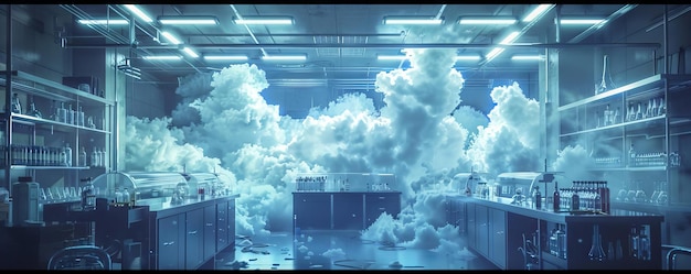 Photo a hightech laboratory where scientists develop synthetic clouds to increase albedo and reduce global temperatures