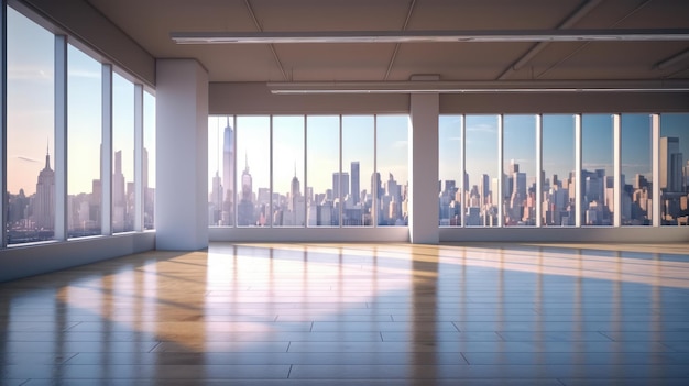 Hightech loftstyle open space office floortoceiling windows and stunning city views white walls and