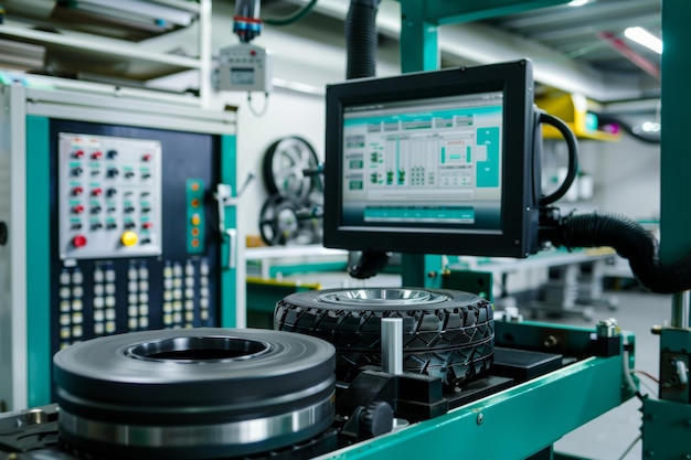 Foto un monitor ad alta tecnologia mostra analisi dettagliate in una linea di produzione di pneumatici con macchinari robotici