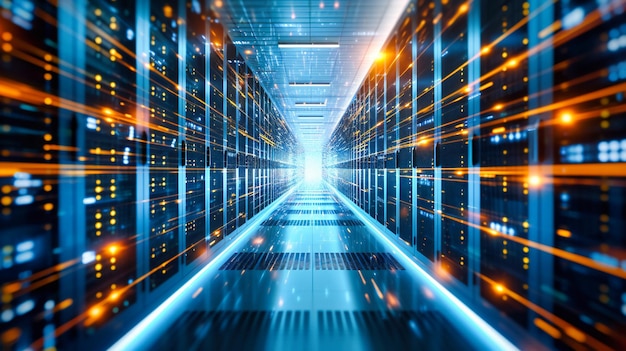 Hightech server rack in een modern datacenter dat geavanceerde digitale connectiviteit en beveiligde netwerken in een zakelijke omgeving symboliseert