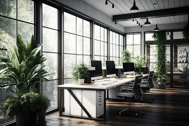 自然光がたっぷり入り、緑豊かな、ハイテクで洗練されたオープン オフィス スペース