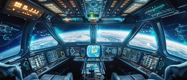 A hightech spaceship cockpit with a holographic model of Earth