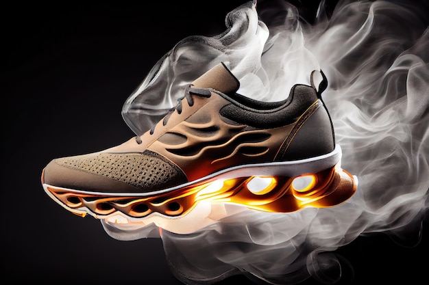 Hightech sport shoe with supercharged propulsion technology smoke billowing from the sole