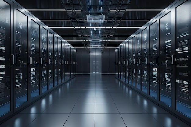 Hightech storage data center with rows of servers and advanced security systems created with generative ai