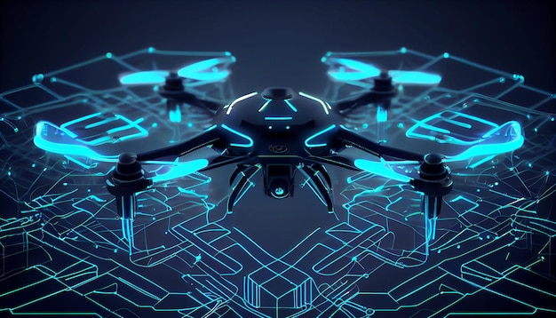 Hightech drone stilizzato fatto di linee e luci al neon futuristico concetto di linee al neon incandescente ia generativa