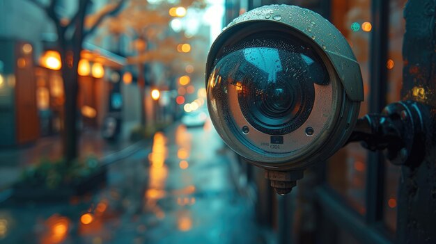 Photo hightech surveillance cctv camera on rainy evening