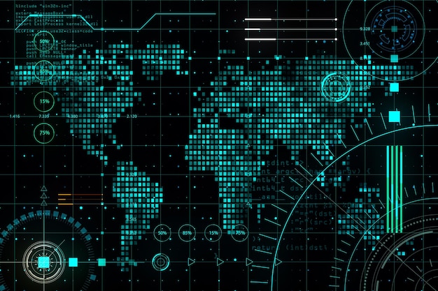 Hightech technologieconcept met digitale abstracte interface en gloeiende borden en wereldkaart bij donkere achtergrond 3D-rendering