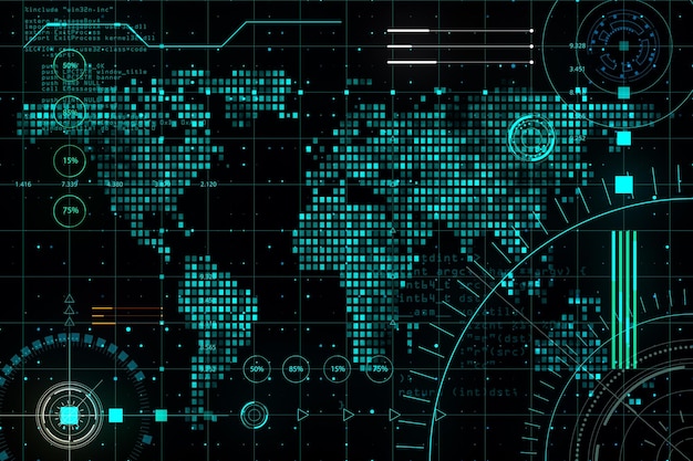 어두운 배경 3D 렌더링에서 디지털 추상 인터페이스와 빛나는 기호 및 세계 지도를 사용하는 첨단 기술 개념