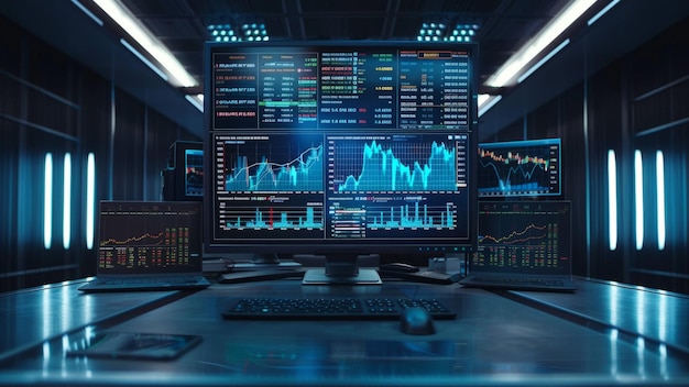 HighTech Trading Desk met meerdere financiële grafieken