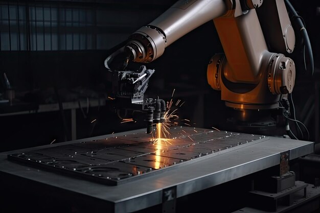 Hightech welding robot performing complex and intricate welds on metal plates