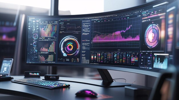 a hightech workspace showcasing futuristic data analytics in action a large curved monitor displays an array of dynamic colorful data visualizations charts and graphs representing complex data