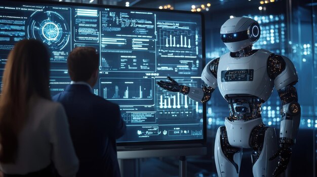 a hightech workspace where a group of professionals interact with a humanoid robot discussing aidriven strategies with futuristic screens displaying ai algorithms and predictive analytics in the