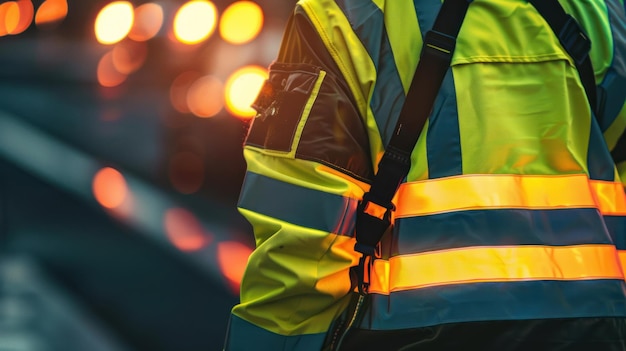 High Visibility Safety Vest with Reflective Stripes クローズアップは高視界の安全ベストで視界と安全性を高めるために労働者が着用する反射ストライプを特徴としています