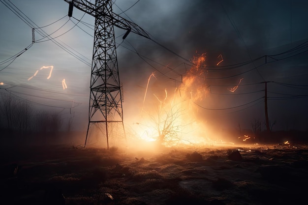 Highvoltage power line with sparks flying and smoke rising after being broken