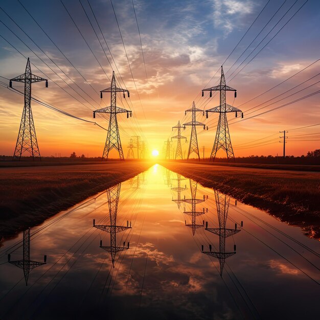 Photo highvoltage power lines against a sunset sky