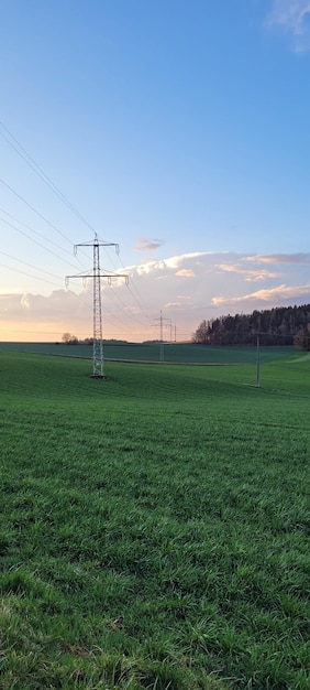 Highvoltage pylon in the field against the sky at sunset