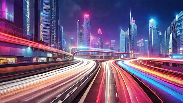Шоссе автомобиля радужные световые следы современных городских зданий