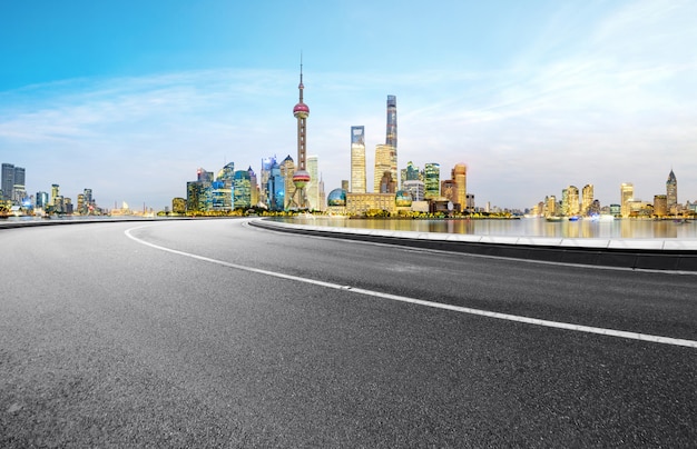 Highway and city skyline in Shanghai, China