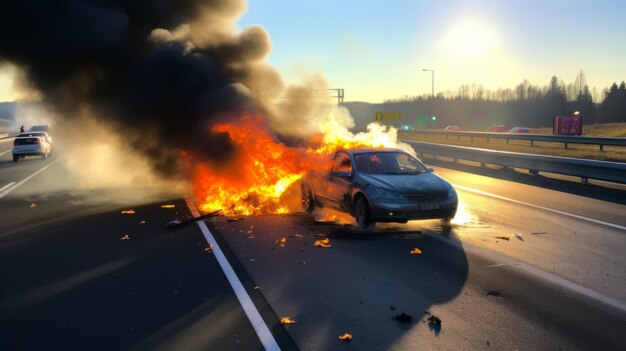 Highway Emergency Vehicle Engulfed in Flames on Roadside