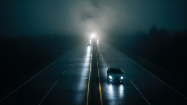 Highway in fog at night foggy road in the morninggenerative ai