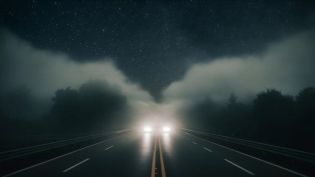 Photo highway in fog at night foggy road in the morninggenerative ai