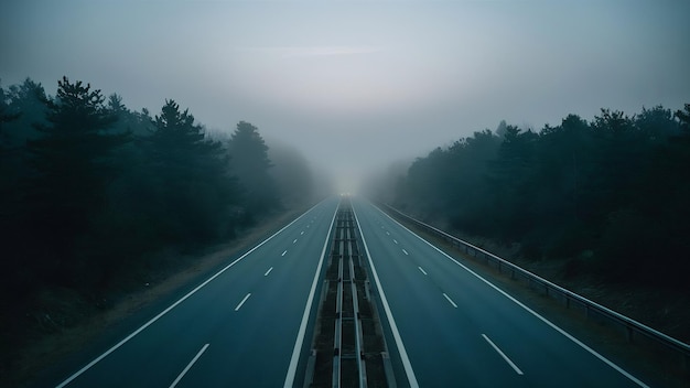 Highway in fog at night foggy road in the morninggenerative ai