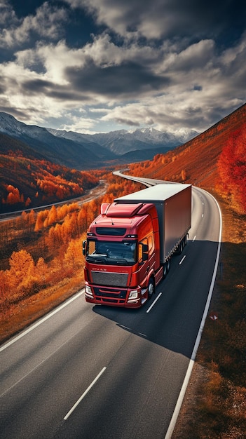 빨간색  ⁇ 퍼 트럭과 함께 도로 위의 고속도로 운송 가을 시골에서 트럭의 공중 촬영