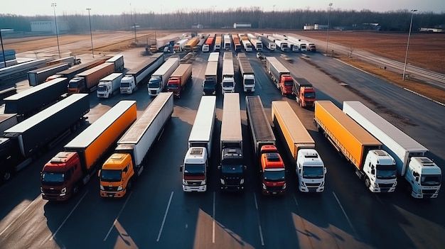 헤이븐 고속도로 휴식 공간 주차장 에 줄지어 서 있는 트럭 들 의 멋진 공중 전망