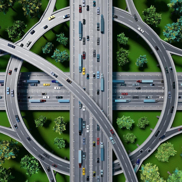 Highway intersection with heavy traffic view from the above 3D illustration