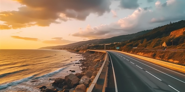 カラフルな夕日の高速道路の風景 海の道路の眺め 美しい道路とカラフルな海の景色