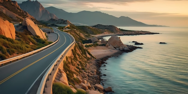 カラフルな夕日の高速道路の風景 海の道路の眺め 美しい道路とカラフルな海の景色