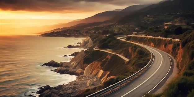 Highway landscape at colorful sunset Road view on the sea colorful seascape with beautiful road