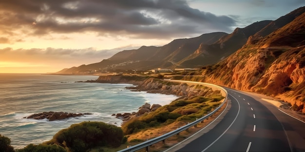 カラフルな夕日の高速道路の風景 海の道路の眺め 美しい道路とカラフルな海の景色