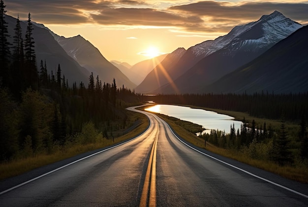 the highway leading into the mountains at sunset in the style of native american