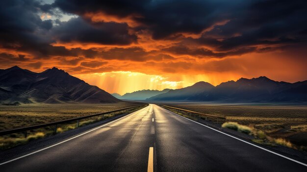 A highway leads into the distance outdoors at sunset