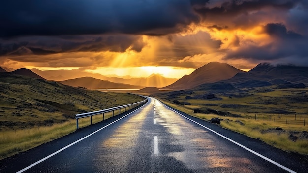 A highway leads into the distance outdoors at sunset