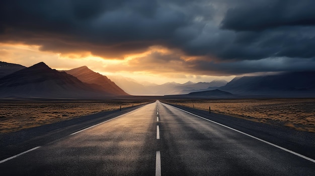 A highway leads into the distance outdoors at sunset