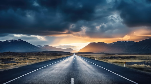 A highway leads into the distance outdoors at sunset