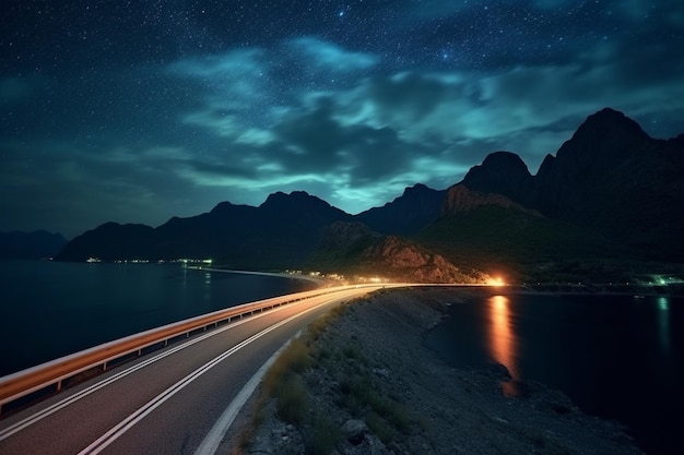 Highway in the mountains at night with starry sky background