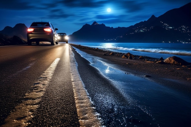 Highway in the mountains at night with starry sky background