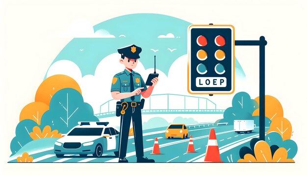 Photo highway patrol officer enforcing traffic laws in a simple flat vector illustration on isolated white