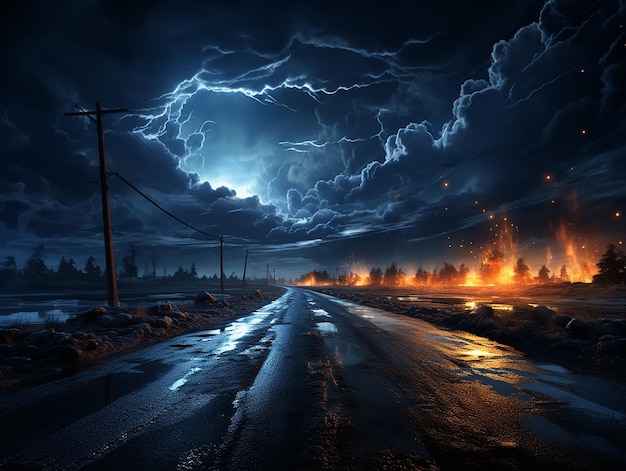 Highway road in the night with heavy rain and lightning AI generative